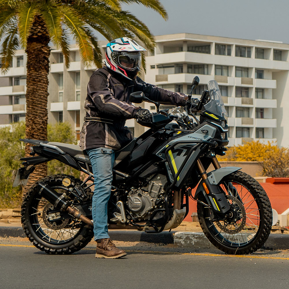 CFMOTO 450MT is a powerful and comfortable adventure-touring motorcycle, perfect for exploring Namibias roads