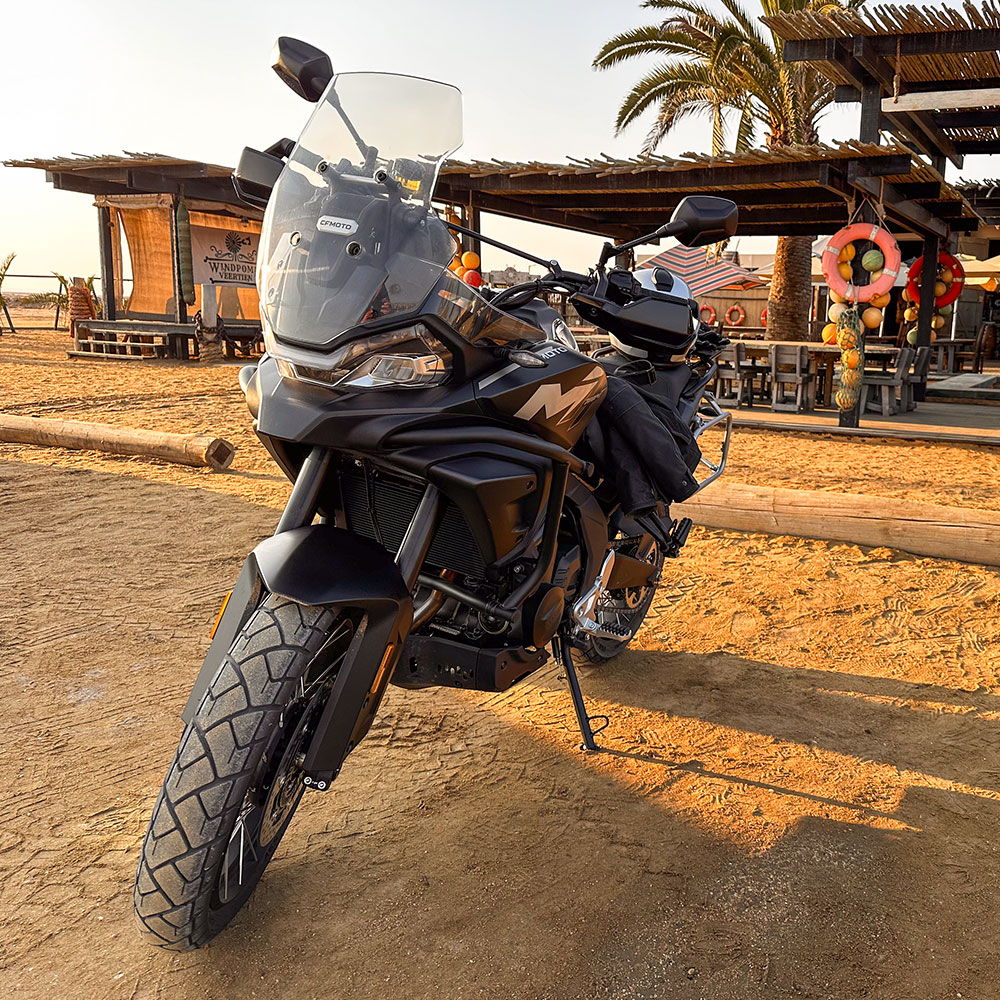 CFMOTO 700MT parked at Windpomp 14 near Swakopmund, Namibia, rented from RMC Motorcycle Rental.